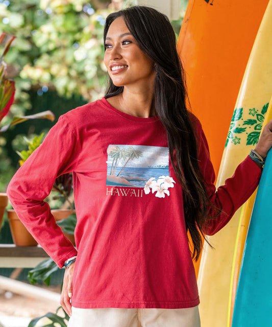 Palm Hibiscus - Paradise Red Dyed Long Sleeve Crewneck T-Shirt